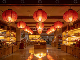 红灯笼装饰的商店长廊