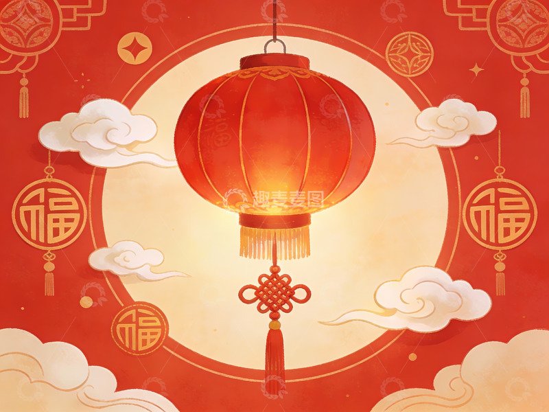 高清大图下载【趣麦麦图】红色灯笼云纹装饰节日图案