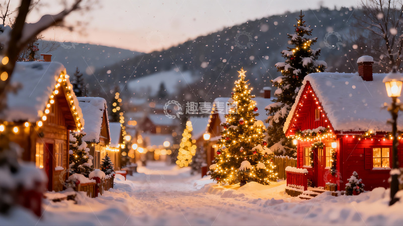 高清大图下载【趣麦麦图】雪夜圣诞小屋灯光璀璨