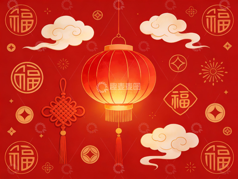 高清大图下载【趣麦麦图】红色灯笼云纹福字图案