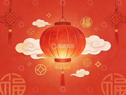红色灯笼云纹装饰新年氛围