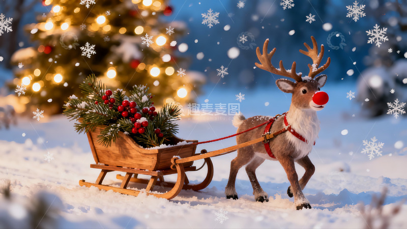 高清大图下载【趣麦麦图】雪地驯鹿拉雪橇圣诞场景