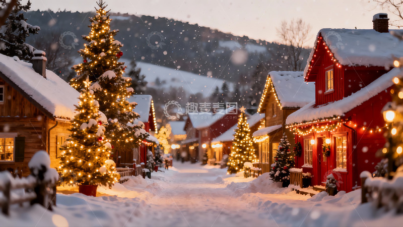 高清大图下载【趣麦麦图】雪夜圣诞小镇灯火辉煌
