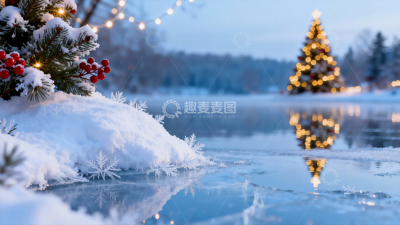 高清大图下载【趣麦麦图】雪夜圣诞树冰湖倒影