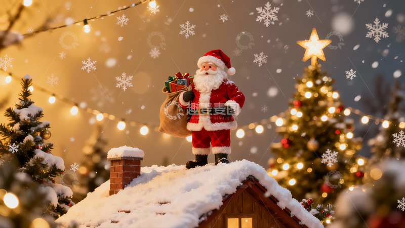 高清大图下载【趣麦麦图】圣诞老人雪夜屋顶送礼
