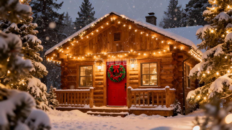 高清大图下载【趣麦麦图】雪夜木屋灯火温馨