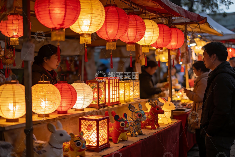 高清大图下载【趣麦麦图】夜市灯笼摊位热闹非凡