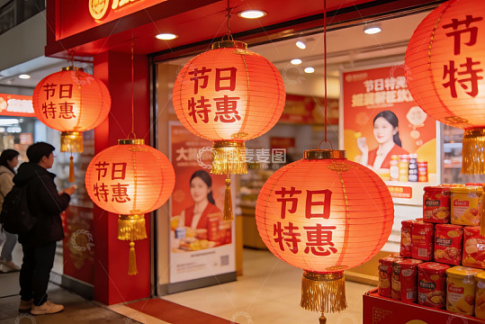 节日促销店铺灯笼高挂