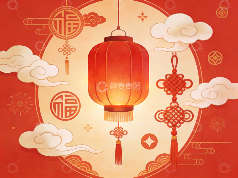 高清大图下载【趣麦麦图】红色灯笼云纹装饰图案