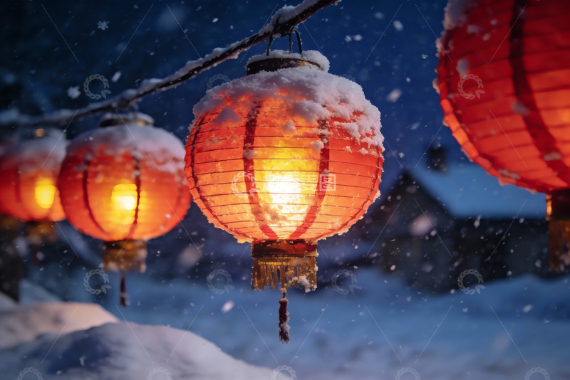 高清大图下载【趣麦麦图】雪夜红灯笼