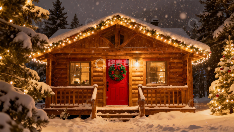 高清大图下载【趣麦麦图】雪夜木屋圣诞装饰