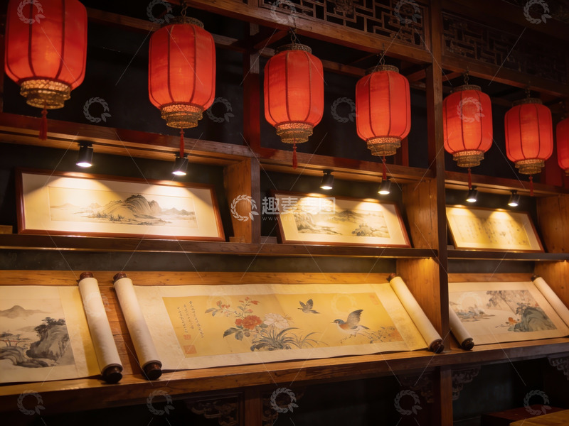 高清大图下载【趣麦麦图】古色古香展厅挂灯笼画卷
