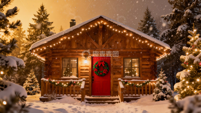 高清大图下载【趣麦麦图】雪夜木屋圣诞装饰