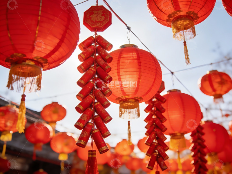高清大图下载【趣麦麦图】红灯笼与鞭炮迎新春