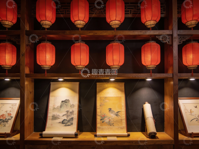 高清大图下载【趣麦麦图】中式书房挂画与红灯笼