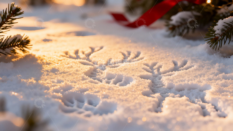 高清大图下载【趣麦麦图】雪地雪花图案与松枝装饰