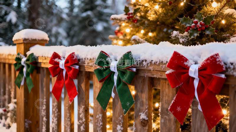 高清大图下载【趣麦麦图】雪中木栏红绿蝴蝶结装饰