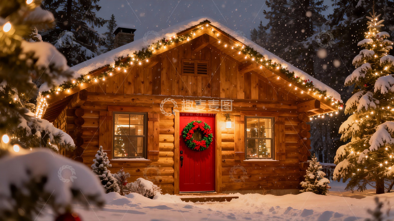 高清大图下载【趣麦麦图】雪夜木屋圣诞装饰温馨