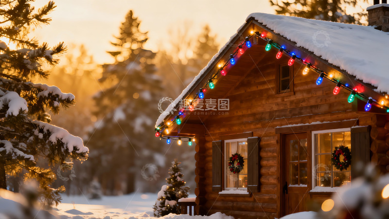 高清大图下载【趣麦麦图】雪夜木屋圣诞灯饰