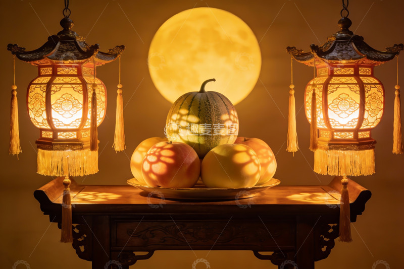 高清大图下载【趣麦麦图】中秋佳节古灯映瓜果