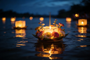 夜色中花灯漂浮水面祈福