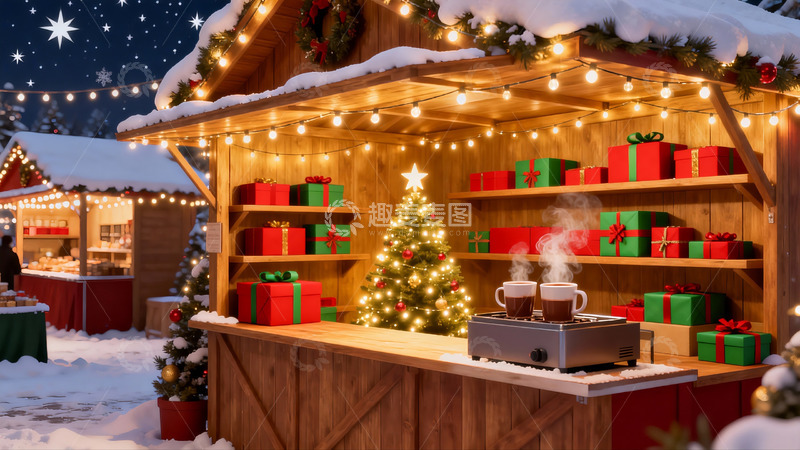 高清大图下载【趣麦麦图】圣诞夜市木屋灯火辉煌