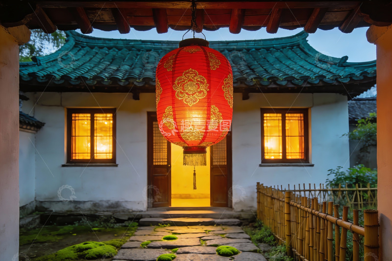高清大图下载【趣麦麦图】古色古香庭院夜景灯笼高挂