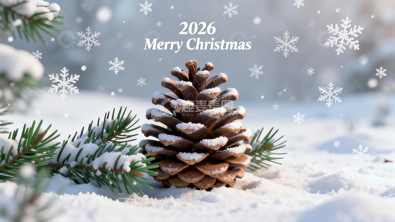 高清大图下载【趣麦麦图】雪中松果圣诞主题画面