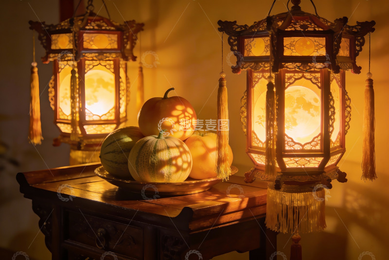 高清大图下载【趣麦麦图】古灯映衬瓜果静物