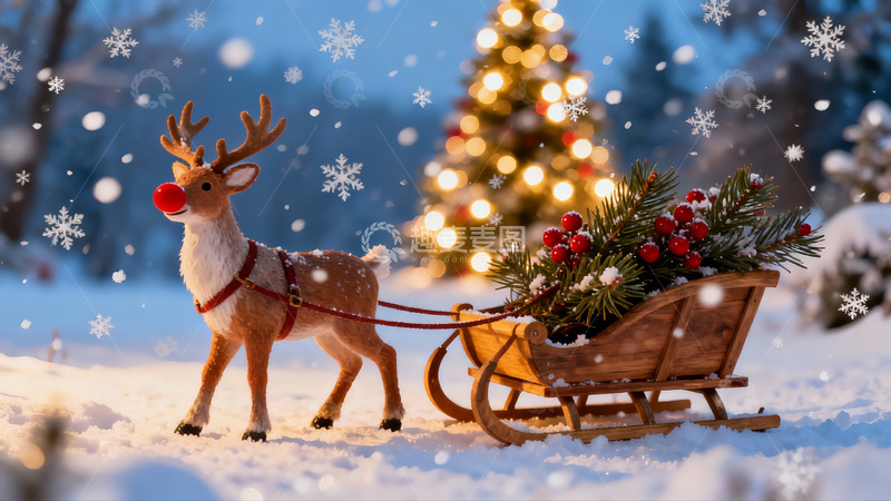 高清大图下载【趣麦麦图】雪地驯鹿拉雪橇圣诞场景