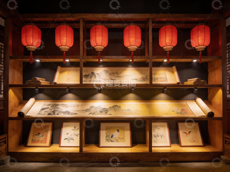 高清大图下载【趣麦麦图】古色古香展厅陈列书画与红灯笼
