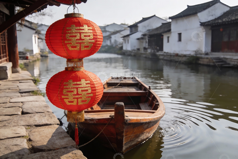 高清大图下载【趣麦麦图】水乡古船红灯笼