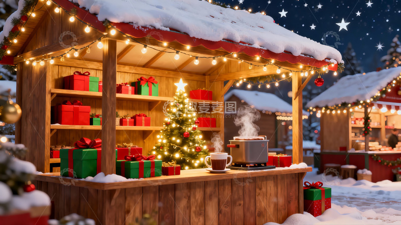 高清大图下载【趣麦麦图】雪夜圣诞市集木屋温馨场景