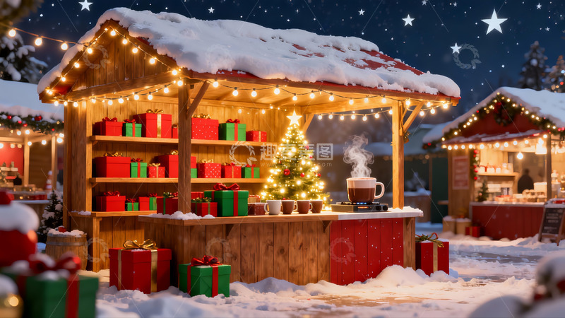 高清大图下载【趣麦麦图】雪夜圣诞市集灯火温馨