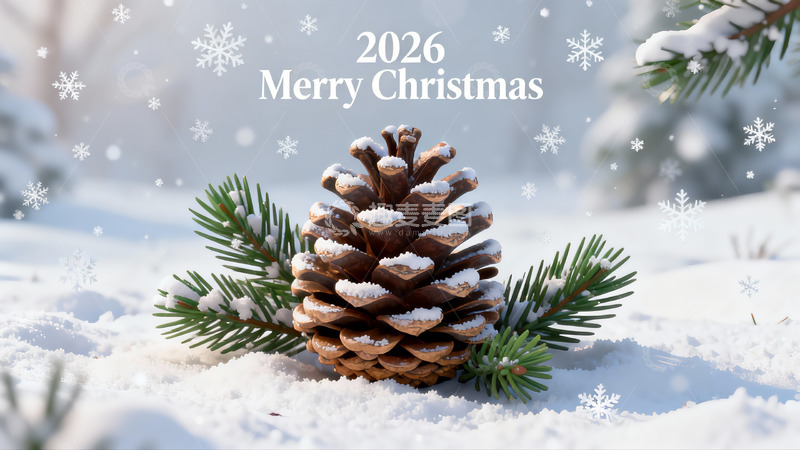 高清大图下载【趣麦麦图】雪地松果圣诞祝福图