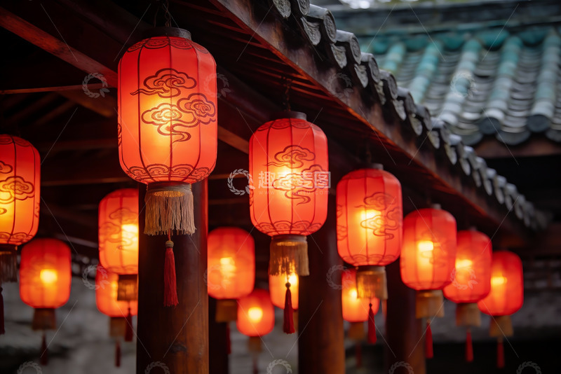 高清大图下载【趣麦麦图】古建筑屋檐下悬挂的红色灯笼