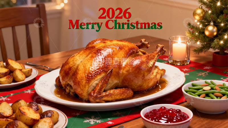 高清大图下载【趣麦麦图】圣诞餐桌烤鸡配节日装饰