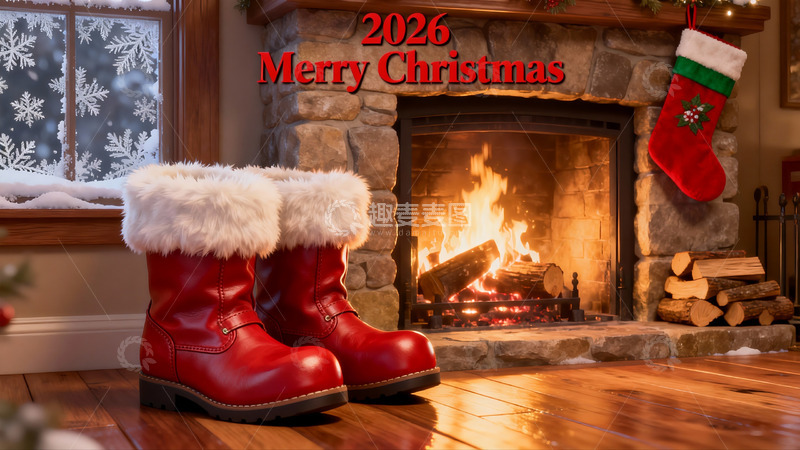 高清大图下载【趣麦麦图】壁炉旁的圣诞靴与节日装饰