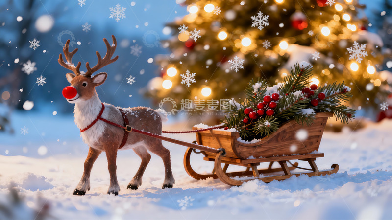 高清大图下载【趣麦麦图】雪地驯鹿拉雪橇圣诞场景