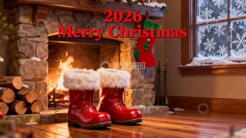 高清大图下载【趣麦麦图】壁炉前的圣诞红靴与温馨场景
