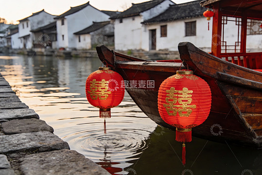 古运河畔红灯笼与木船