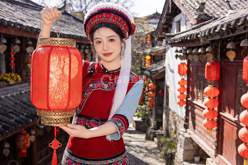 高清大图下载【趣麦麦图】身着民族服饰女子手持红灯笼