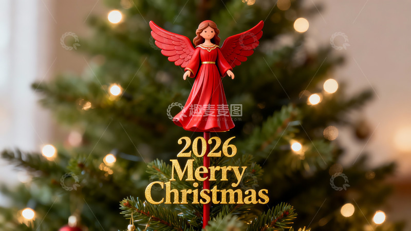 高清大图下载【趣麦麦图】圣诞树顶红色天使装饰