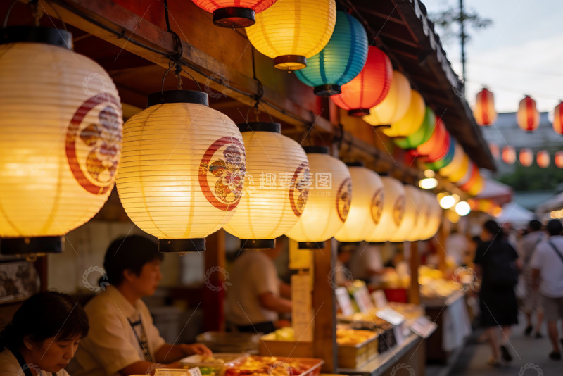 高清大图下载【趣麦麦图】夜市灯笼摊位热闹场景