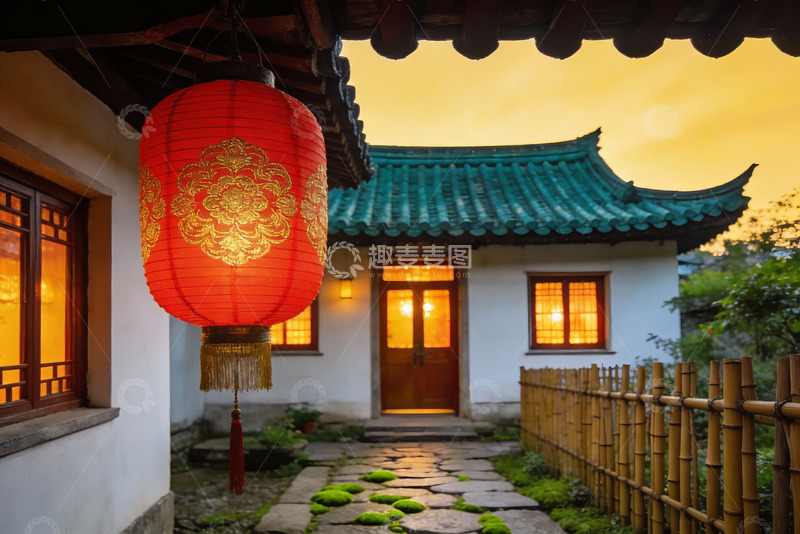 高清大图下载【趣麦麦图】古色古香庭院夜景灯笼高挂