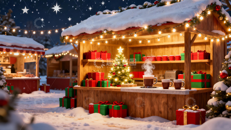 高清大图下载【趣麦麦图】雪夜圣诞市集木屋温馨场景