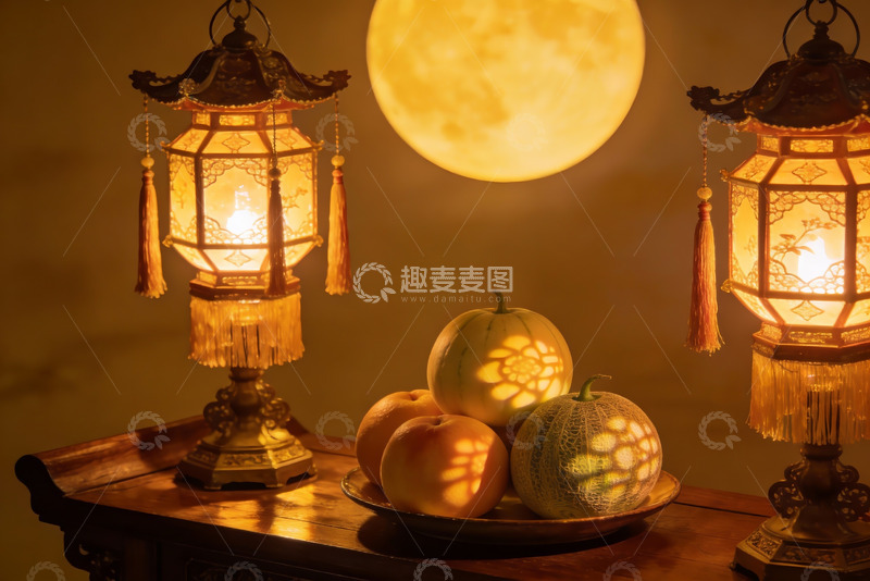 高清大图下载【趣麦麦图】中秋夜灯笼与瓜果光影