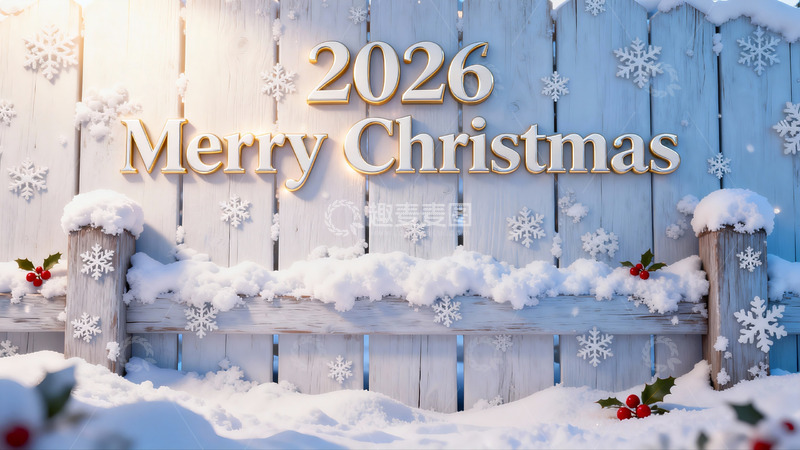 高清大图下载【趣麦麦图】雪景木栅栏圣诞装饰