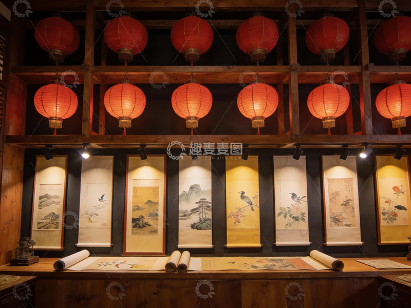 高清大图下载【趣麦麦图】古色古香展厅挂灯笼画卷