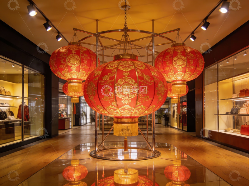 高清大图下载【趣麦麦图】商场内悬挂的红色灯笼装饰
